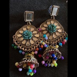 Mexican Gold Color Beads Green Rose Dangle Earrings Festival